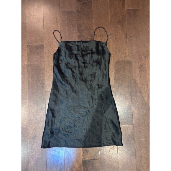 Dresses & Skirts - Black Satin Spaghetti Strap Mini Slip Dress Straight Neck Diagonal Seam Detail
